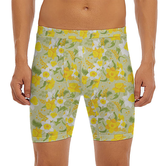 Vintage Daffodil Flower Pattern Print Men's Long Boxer Briefs