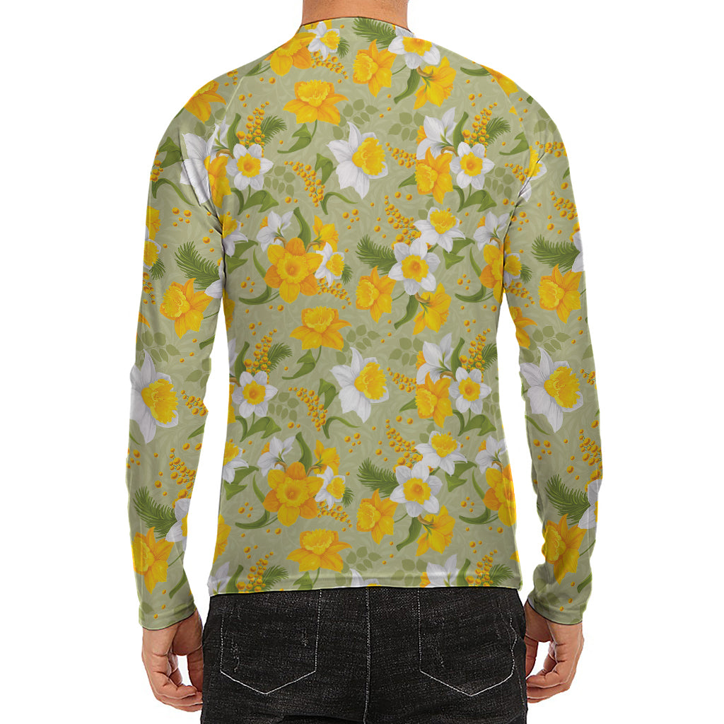 Vintage Daffodil Flower Pattern Print Men's Long Sleeve Rash Guard