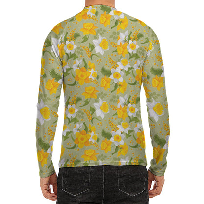 Vintage Daffodil Flower Pattern Print Men's Long Sleeve Rash Guard