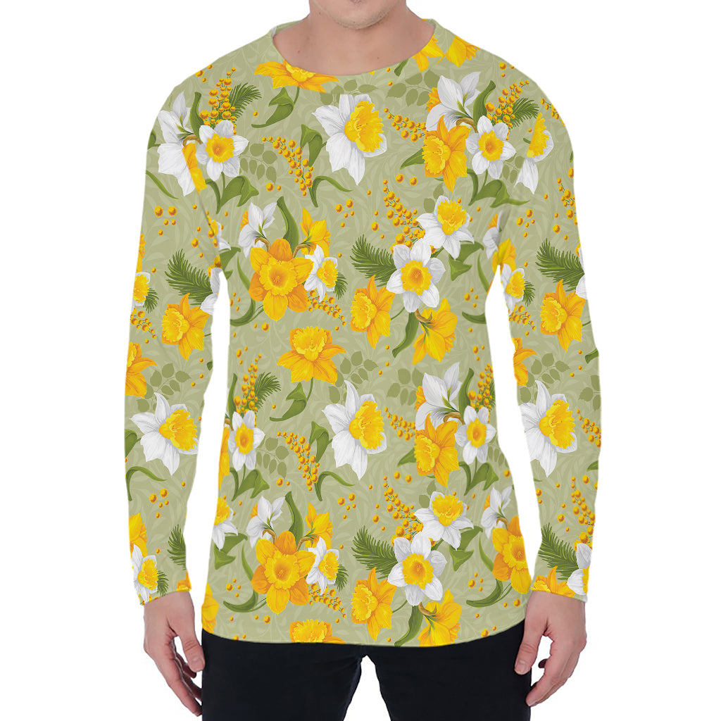Vintage Daffodil Flower Pattern Print Men's Long Sleeve T-Shirt