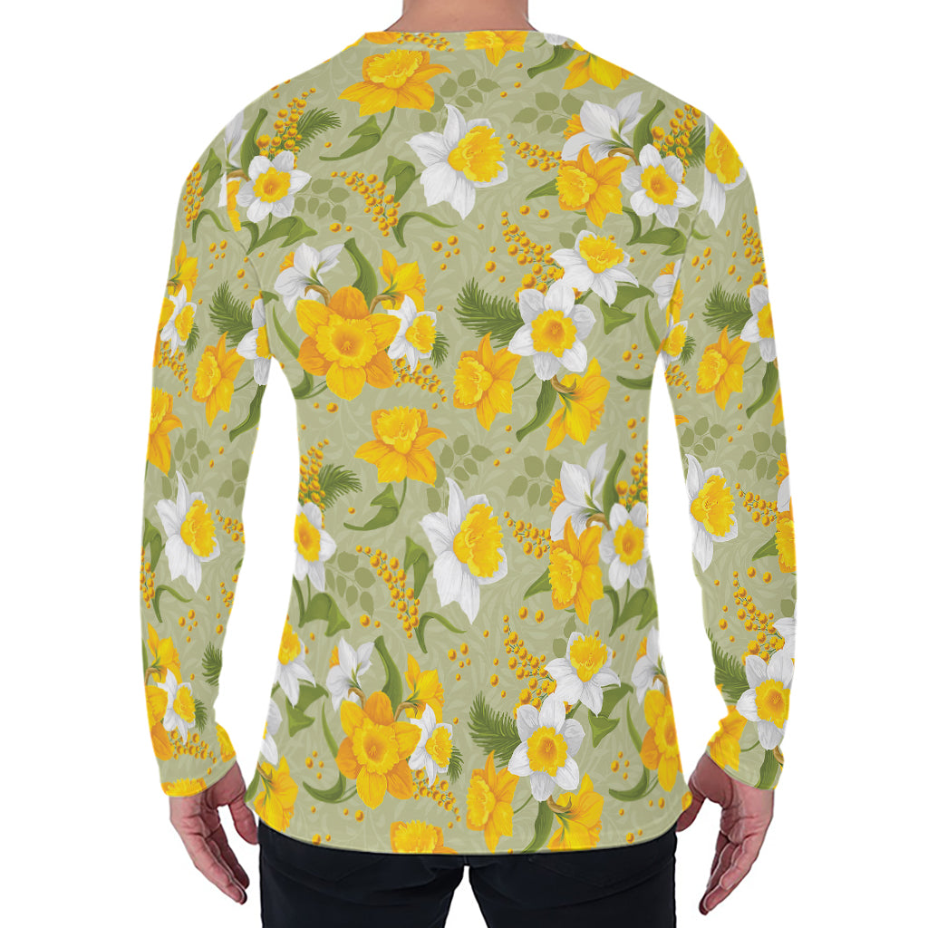 Vintage Daffodil Flower Pattern Print Men's Long Sleeve T-Shirt