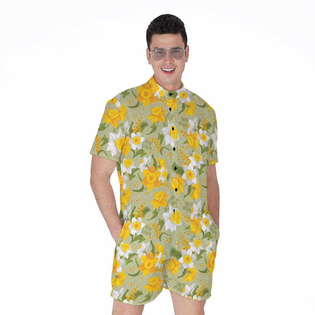Vintage Daffodil Flower Pattern Print Men's Rompers