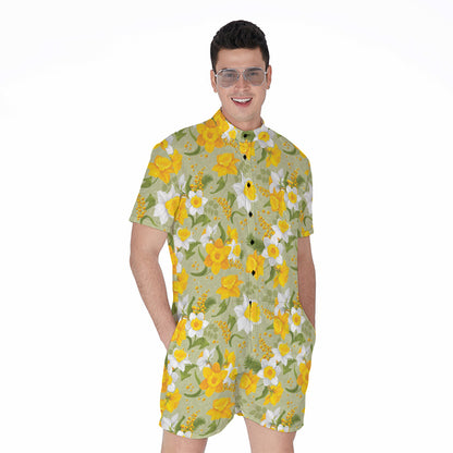 Vintage Daffodil Flower Pattern Print Men's Rompers