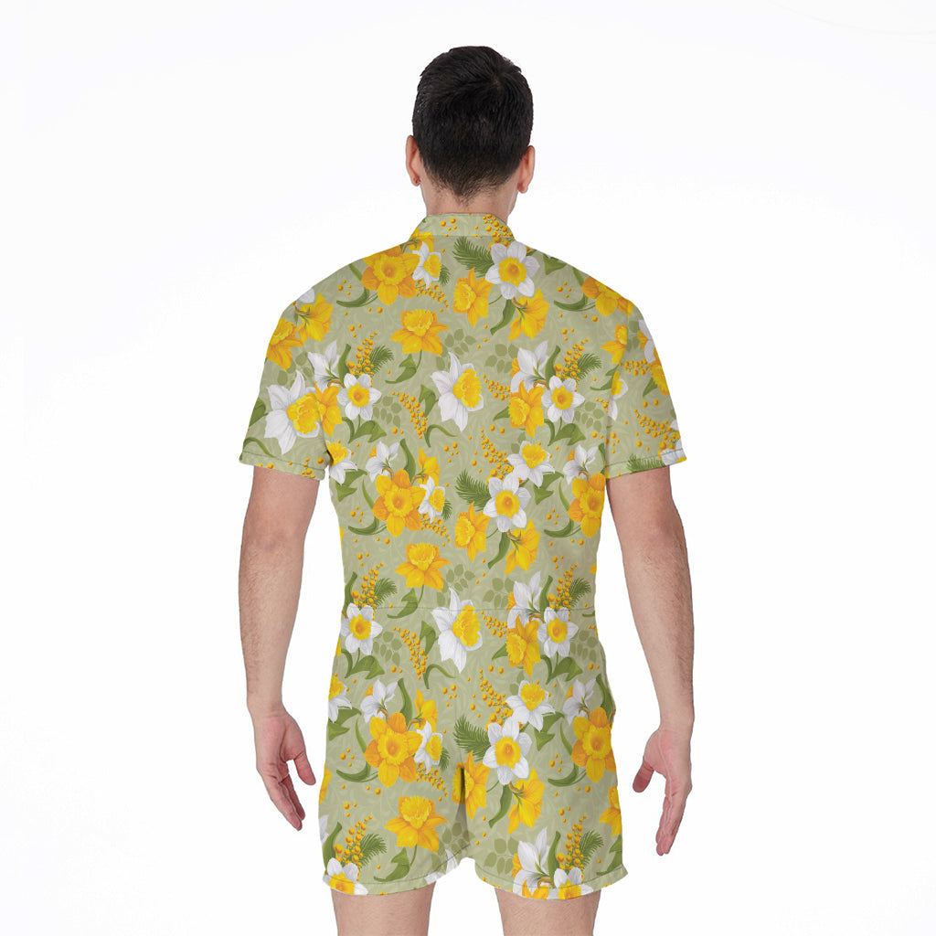 Vintage Daffodil Flower Pattern Print Men's Rompers