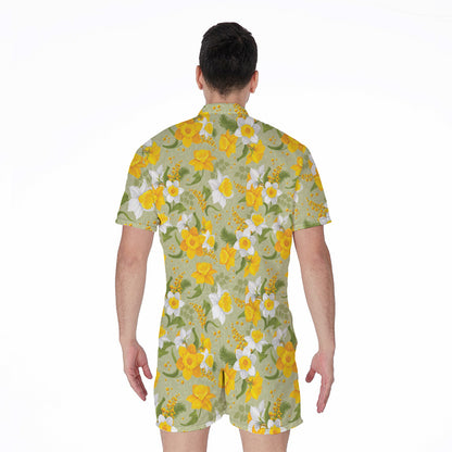 Vintage Daffodil Flower Pattern Print Men's Rompers