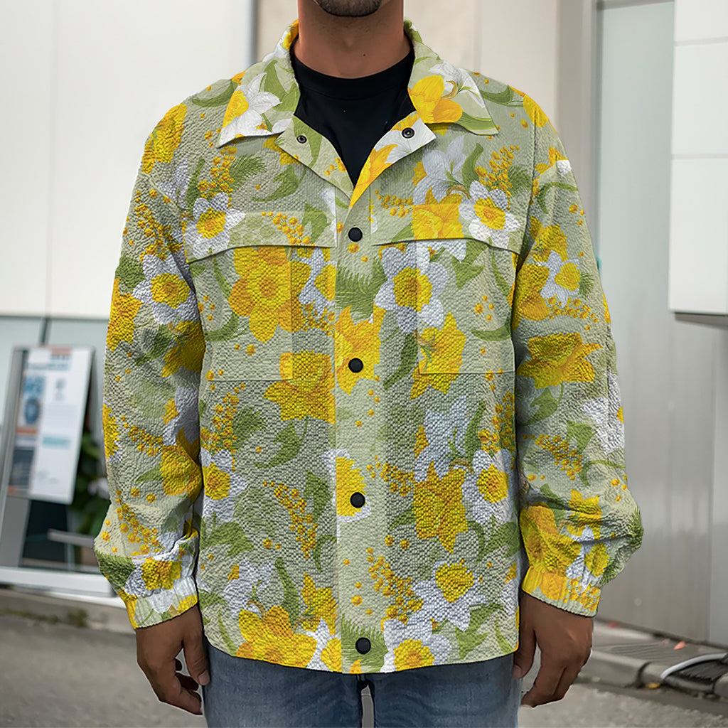 Vintage Daffodil Flower Pattern Print Men's Shirt Jacket