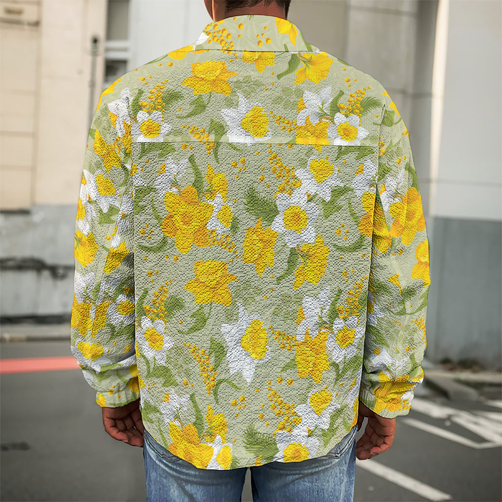 Vintage Daffodil Flower Pattern Print Men's Shirt Jacket