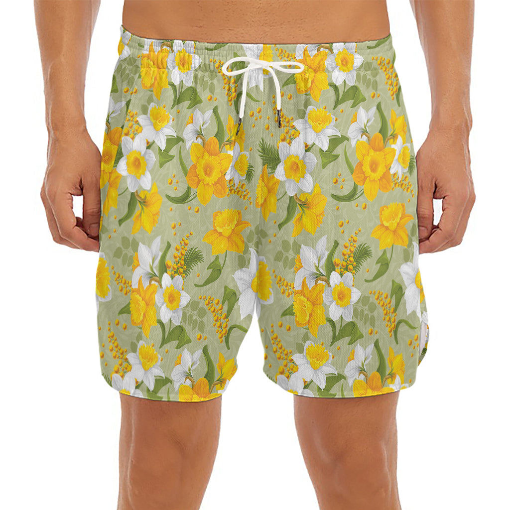 Vintage Daffodil Flower Pattern Print Men's Split Running Shorts