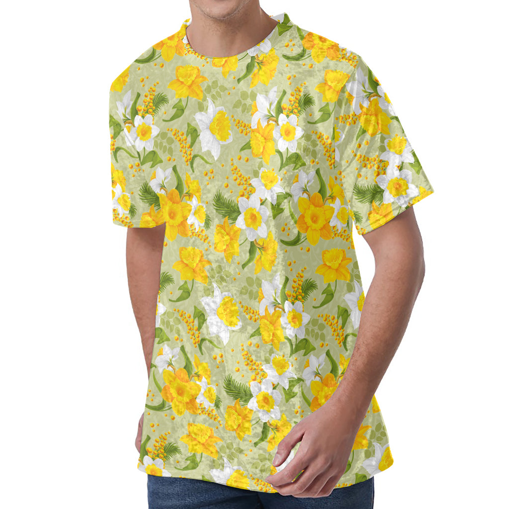 Vintage Daffodil Flower Pattern Print Men's Velvet T-Shirt