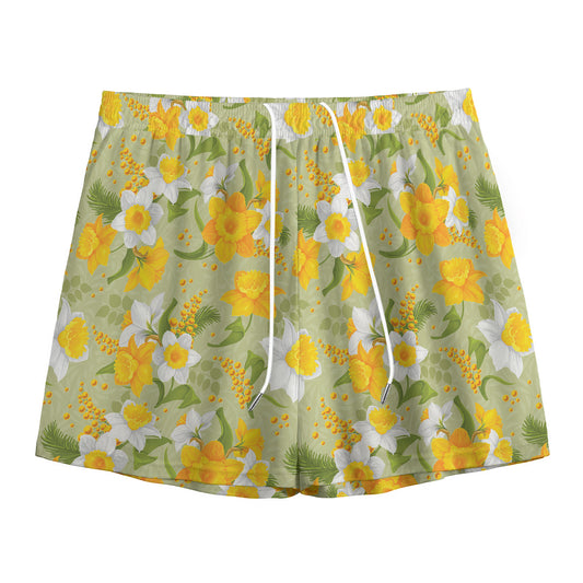 Vintage Daffodil Flower Pattern Print Mesh Shorts