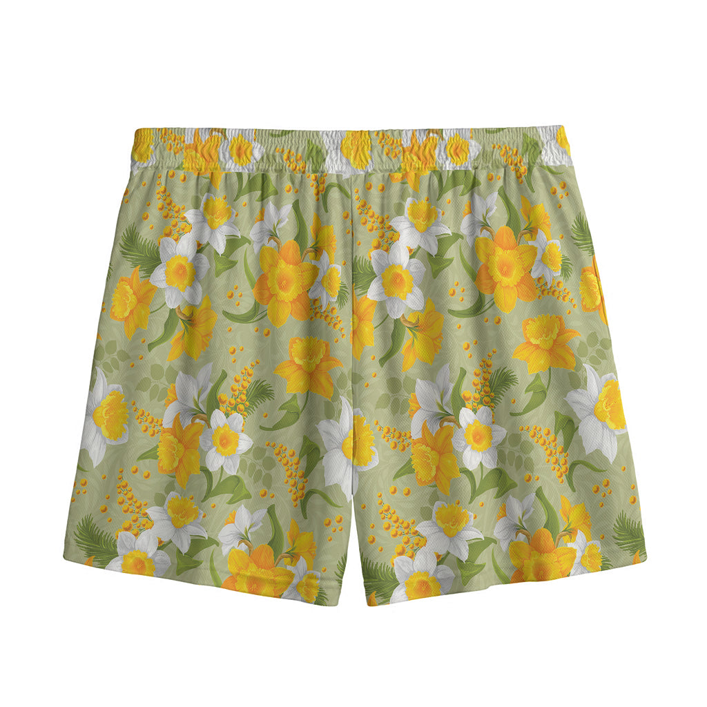 Vintage Daffodil Flower Pattern Print Mesh Shorts