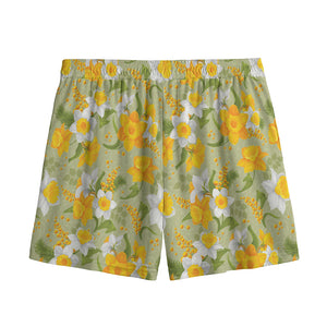 Vintage Daffodil Flower Pattern Print Mesh Shorts