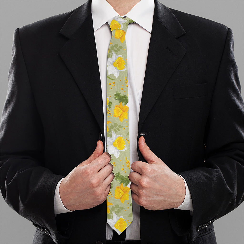 Vintage Daffodil Flower Pattern Print Necktie