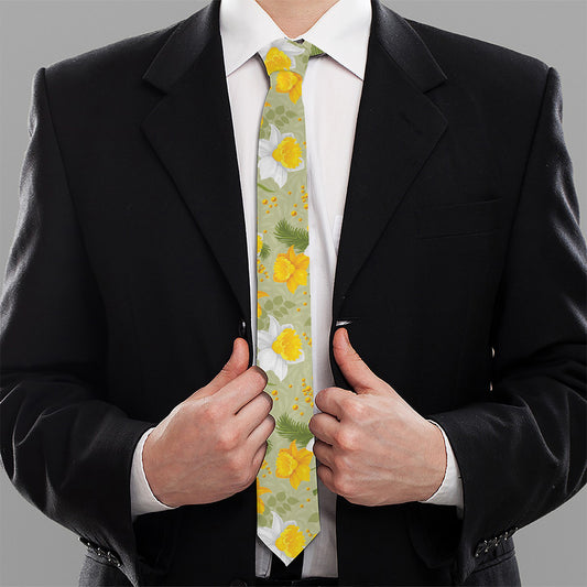 Vintage Daffodil Flower Pattern Print Necktie