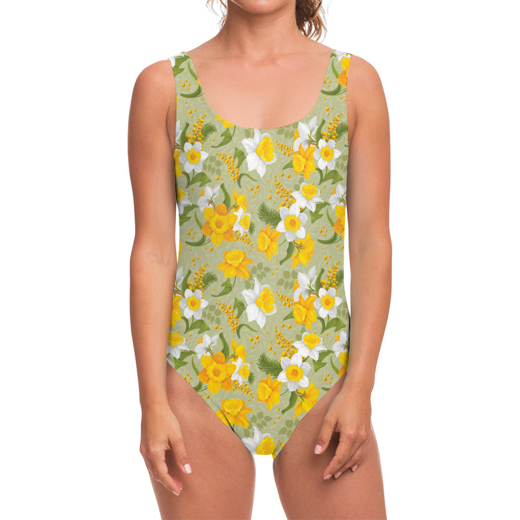 Vintage Daffodil Flower Pattern Print One Piece Swimsuit