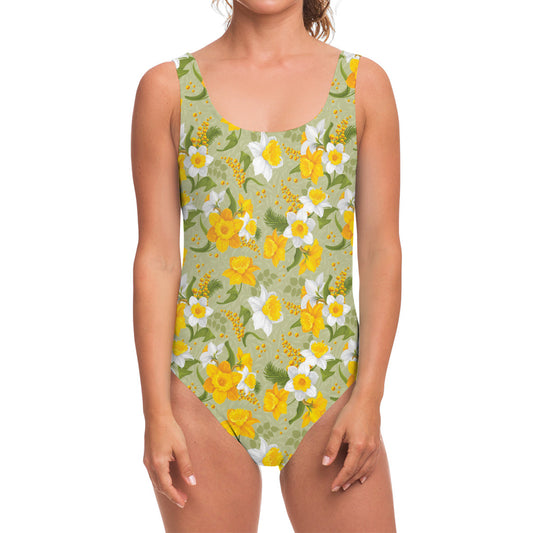 Vintage Daffodil Flower Pattern Print One Piece Swimsuit