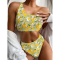 Vintage Daffodil Flower Pattern Print One Shoulder Bikini Set