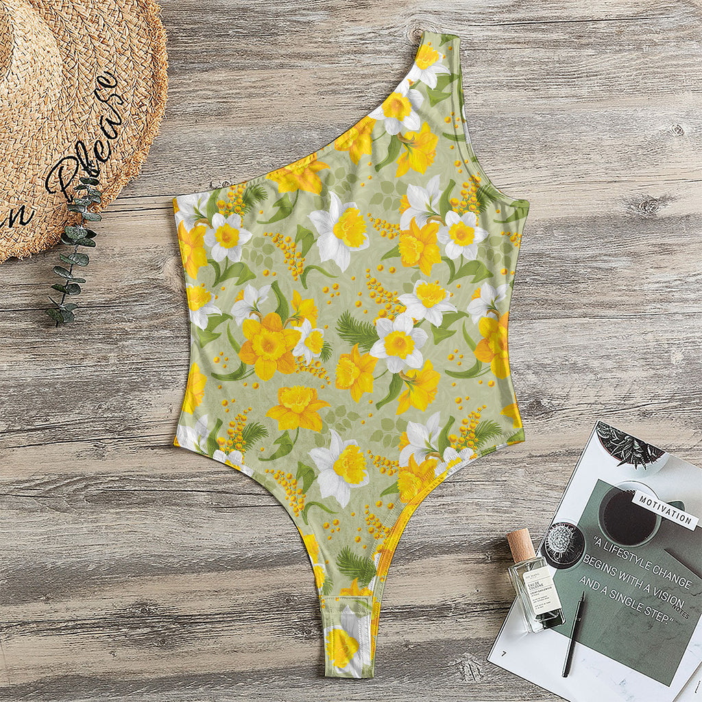 Vintage Daffodil Flower Pattern Print One Shoulder Bodysuit