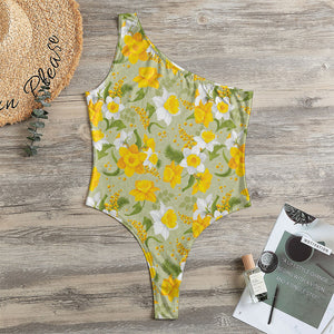 Vintage Daffodil Flower Pattern Print One Shoulder Bodysuit