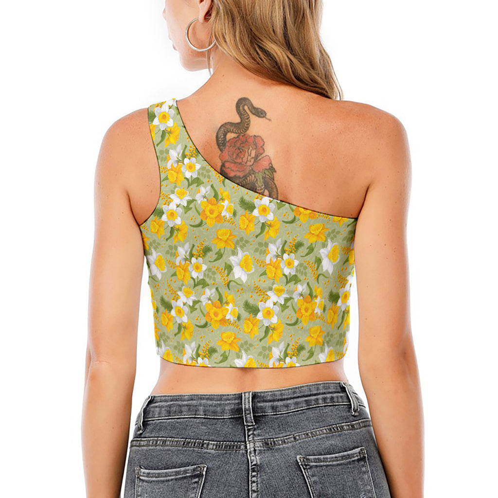 Vintage Daffodil Flower Pattern Print One Shoulder Crop Top