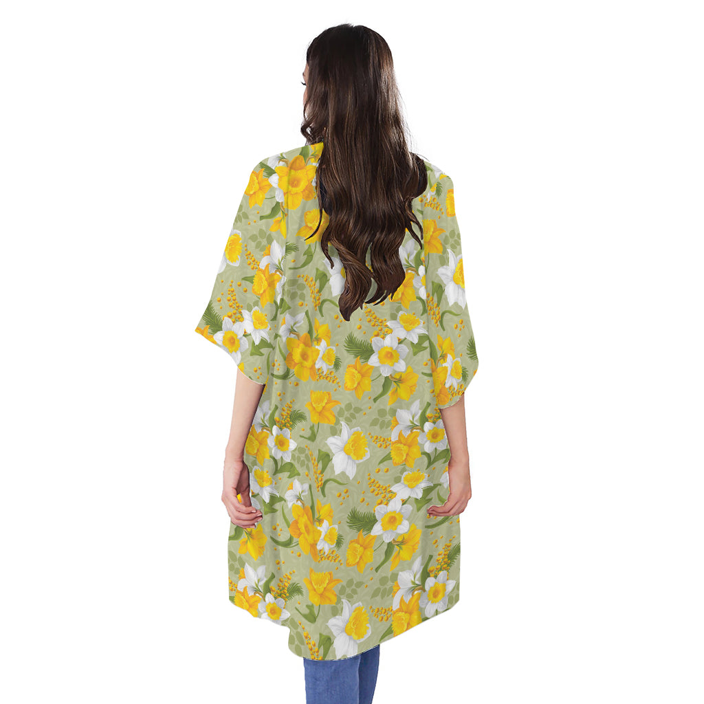 Vintage Daffodil Flower Pattern Print Open Front Beach Cover Up