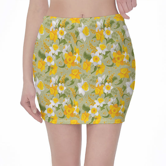Vintage Daffodil Flower Pattern Print Pencil Mini Skirt