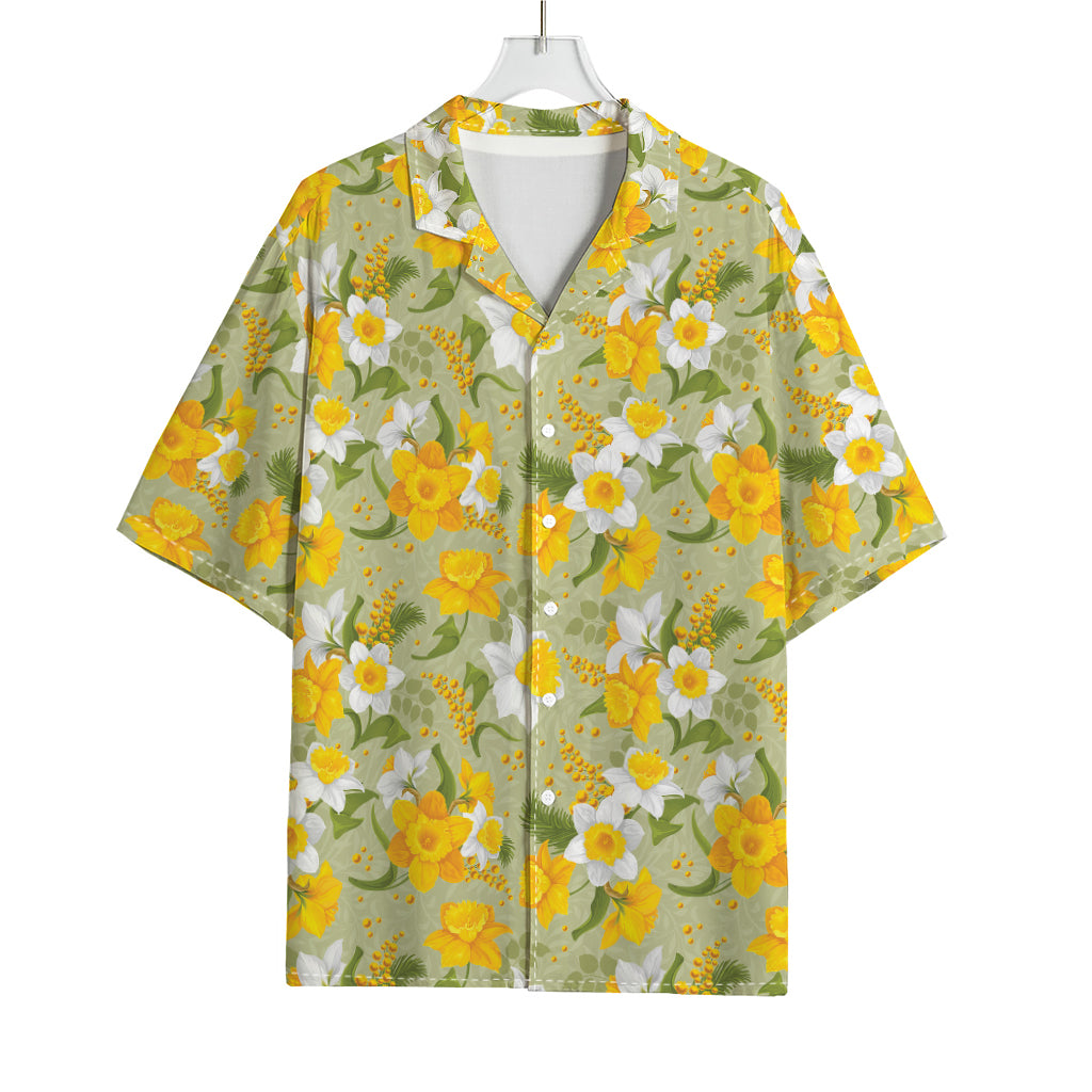 Vintage Daffodil Flower Pattern Print Rayon Hawaiian Shirt