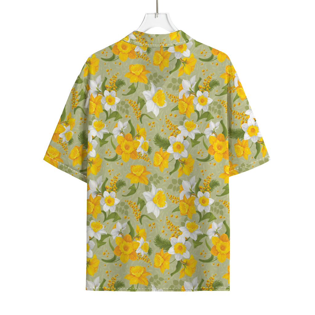 Vintage Daffodil Flower Pattern Print Rayon Hawaiian Shirt