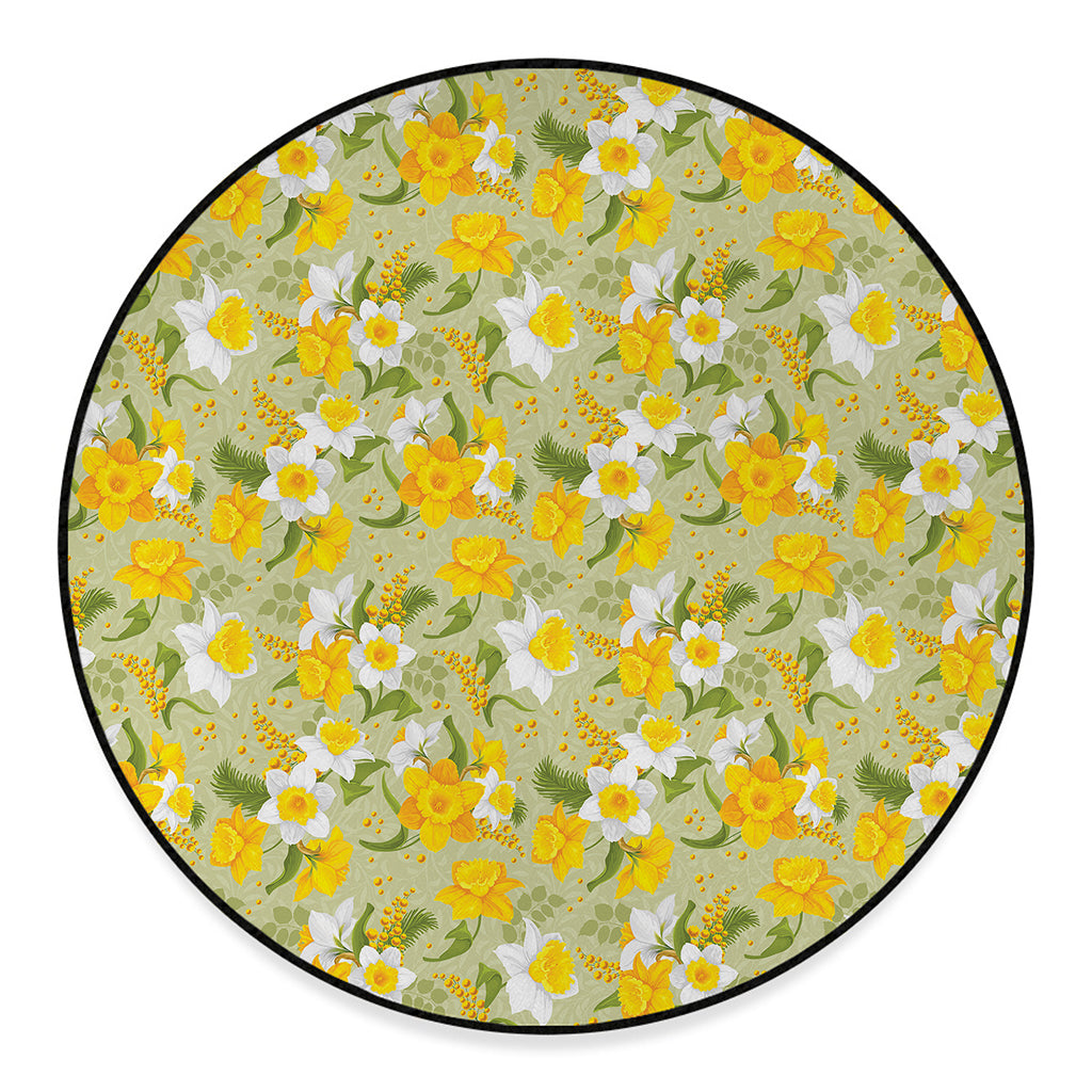 Vintage Daffodil Flower Pattern Print Round Floor Mat