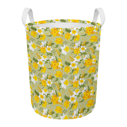 Vintage Daffodil Flower Pattern Print Round Laundry Basket