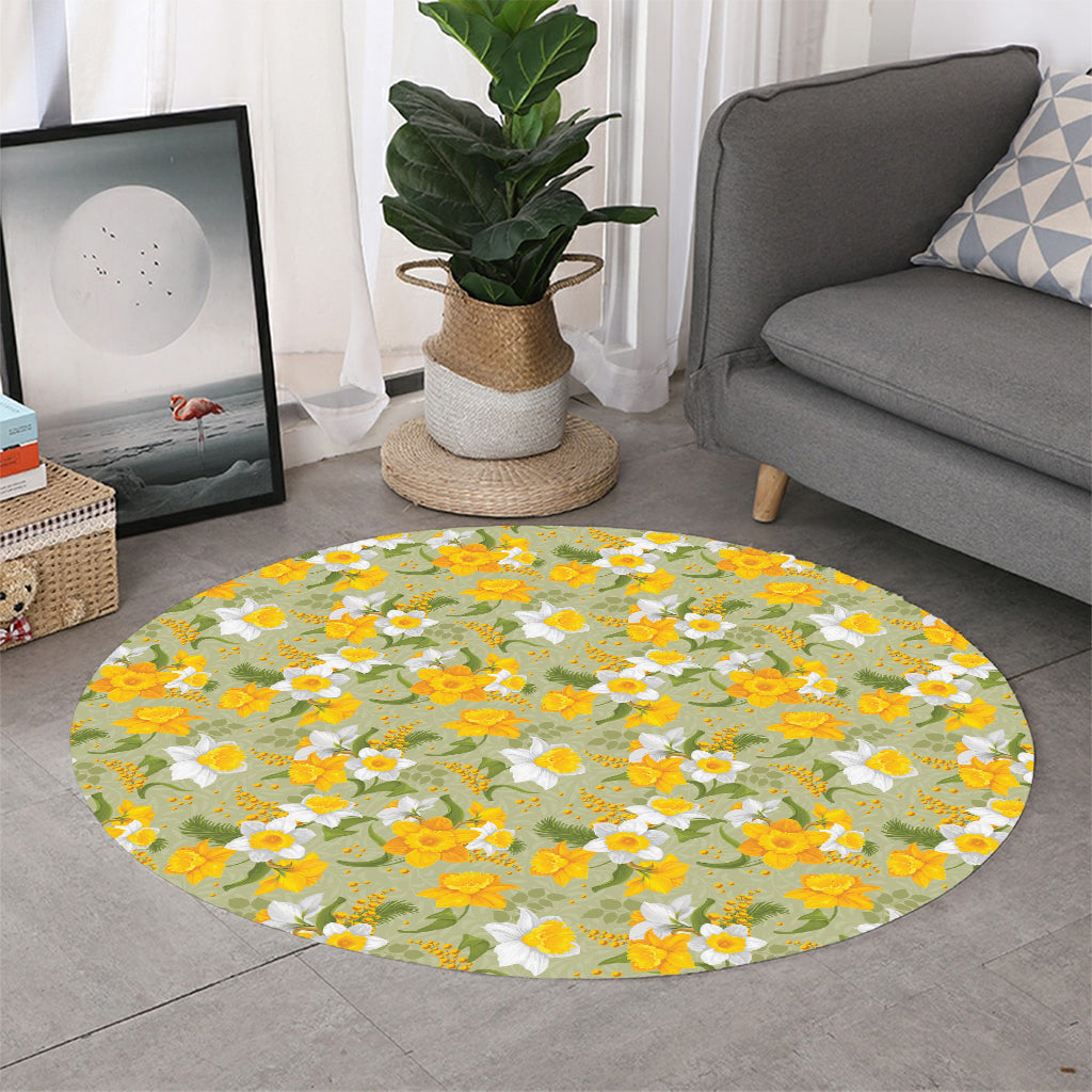 Vintage Daffodil Flower Pattern Print Round Rug