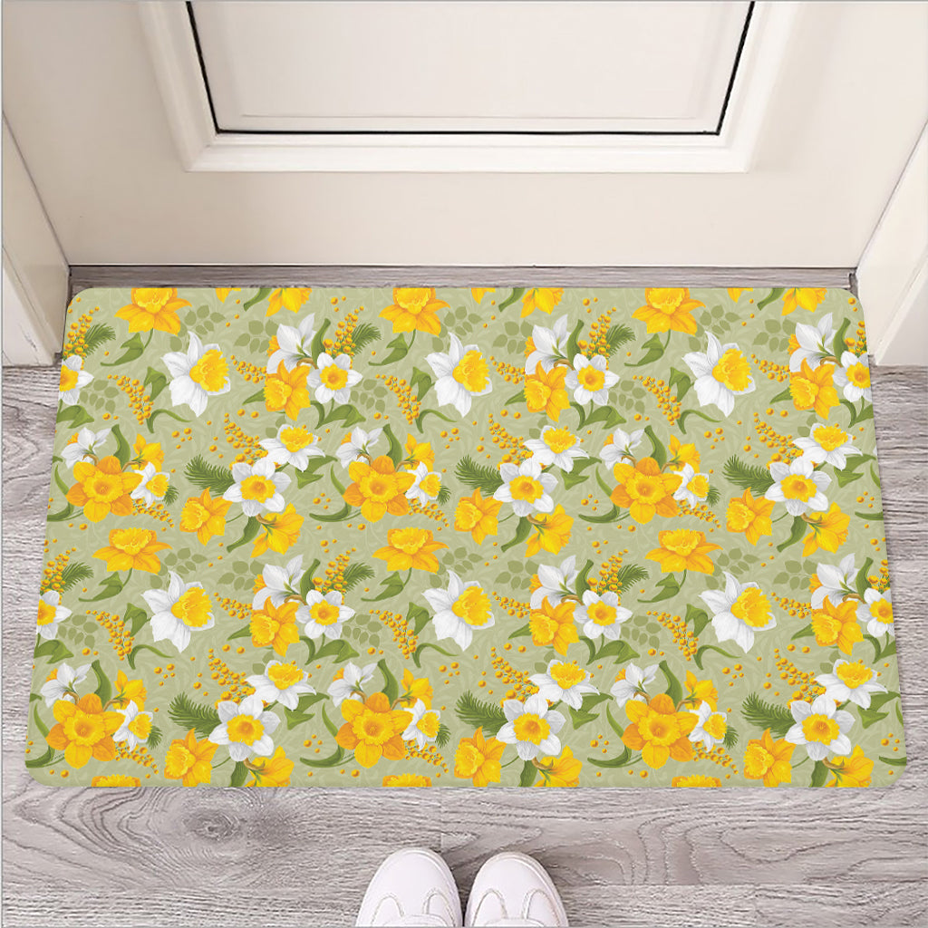 Vintage Daffodil Flower Pattern Print Rubber Doormat