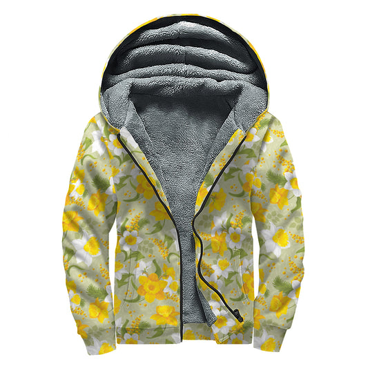 Vintage Daffodil Flower Pattern Print Sherpa Lined Zip Up Hoodie