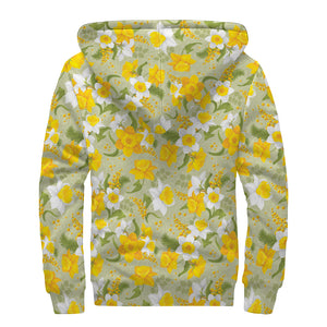 Vintage Daffodil Flower Pattern Print Sherpa Lined Zip Up Hoodie