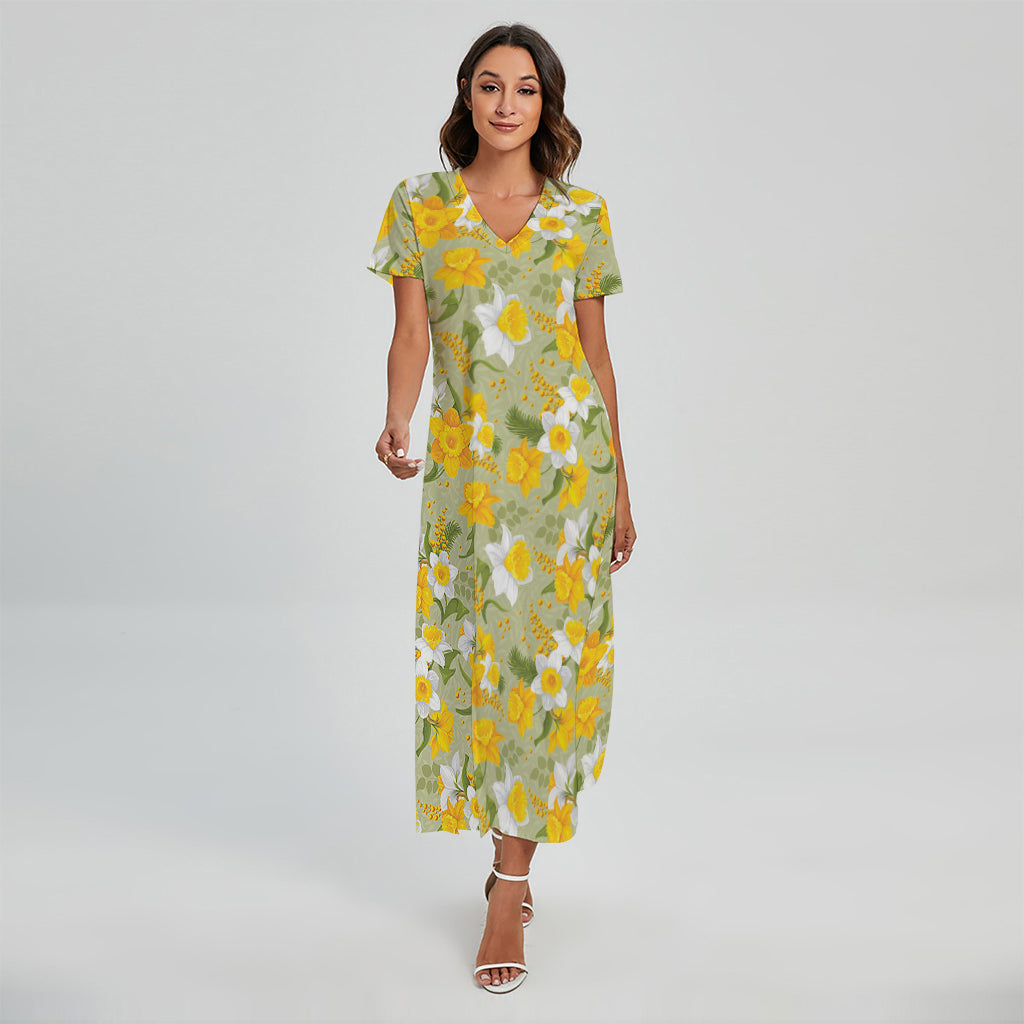 Vintage Daffodil Flower Pattern Print Short Sleeve Maxi Dress