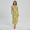 Vintage Daffodil Flower Pattern Print Short Sleeve Maxi Dress