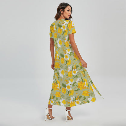 Vintage Daffodil Flower Pattern Print Short Sleeve Maxi Dress