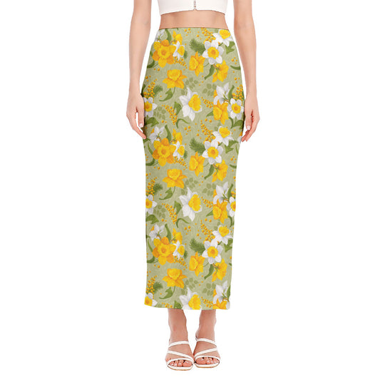 Vintage Daffodil Flower Pattern Print Side Slit Maxi Skirt