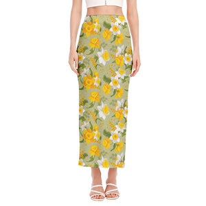 Vintage Daffodil Flower Pattern Print Side Slit Maxi Skirt