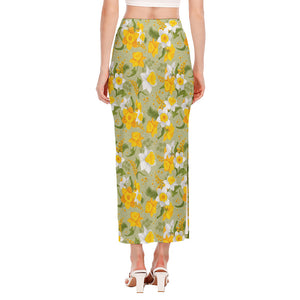 Vintage Daffodil Flower Pattern Print Side Slit Maxi Skirt