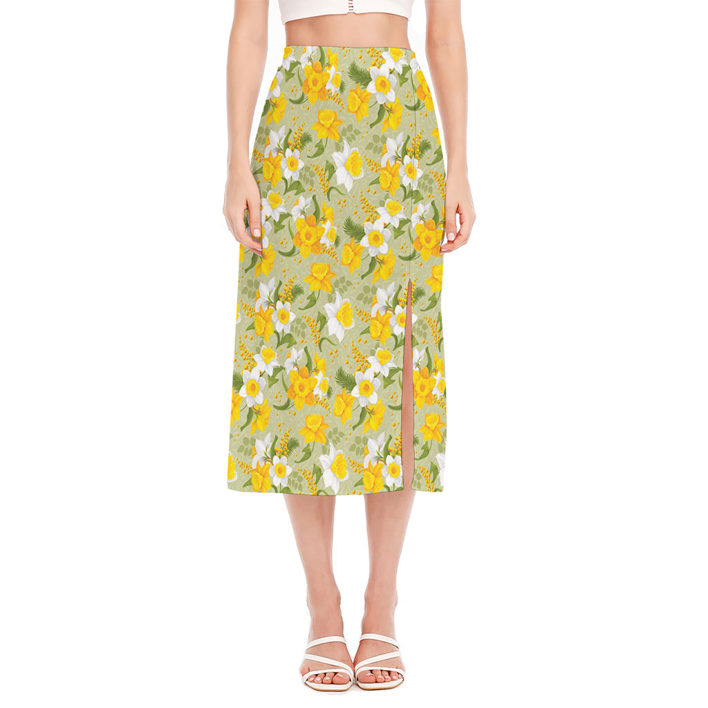 Vintage Daffodil Flower Pattern Print Side Slit Midi Skirt