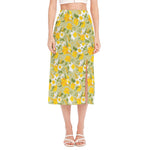 Vintage Daffodil Flower Pattern Print Side Slit Midi Skirt