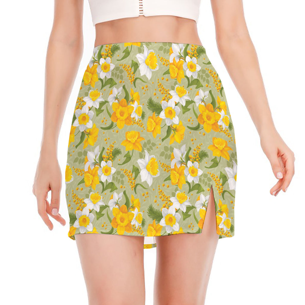 Vintage Daffodil Flower Pattern Print Side Slit Mini Skirt