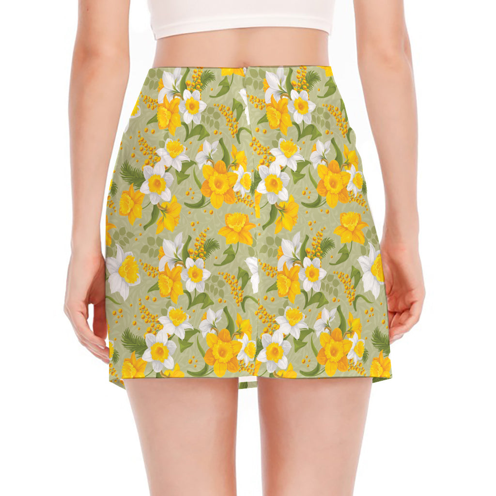 Vintage Daffodil Flower Pattern Print Side Slit Mini Skirt