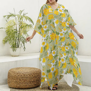 Vintage Daffodil Flower Pattern Print Silk V-Neck Kaftan Dress