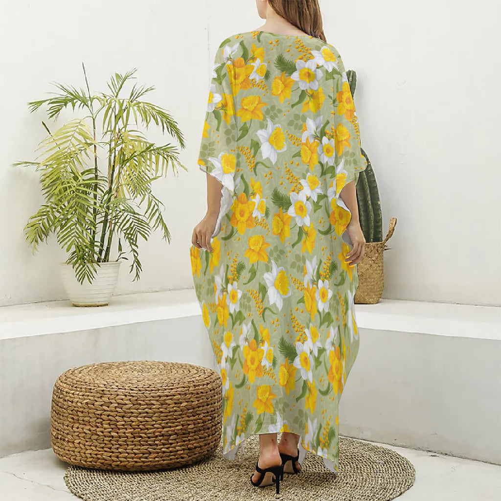 Vintage Daffodil Flower Pattern Print Silk V-Neck Kaftan Dress