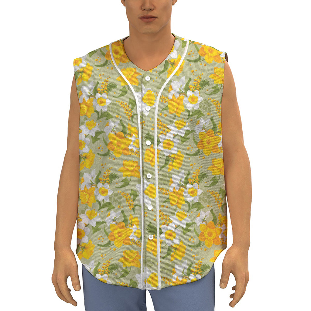 Vintage Daffodil Flower Pattern Print Sleeveless Baseball Jersey
