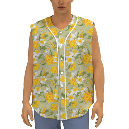 Vintage Daffodil Flower Pattern Print Sleeveless Baseball Jersey