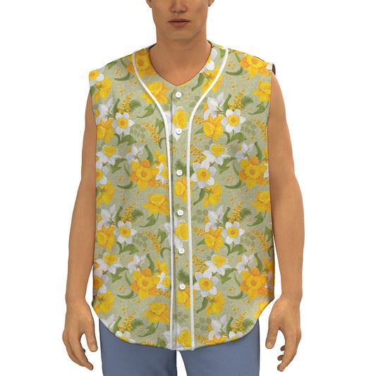 Vintage Daffodil Flower Pattern Print Sleeveless Baseball Jersey