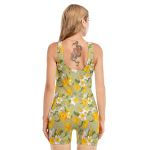 Vintage Daffodil Flower Pattern Print Sleeveless One Piece Swimsuit